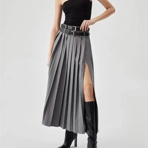 Commense Charcoal Pleated Maxi Skirt with slit